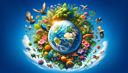 International Day for Biological Diversity. A delightful scene where the blue planet is hugged by elements of nature under a clear sky, symbolizing the balance between Earth and its atmosphere - 791051730