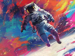 A vibrant depiction of an astronaut on a spacewalk, surrounded by artistic interpretations of the cosmos and exploration