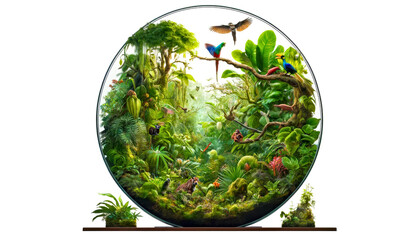 This circular frame showcases a richly detailed rainforest scene, featuring vibrant birds and lush greenery, celebrating the vitality of natural habitats. International Day for Biological Diversity - 791051745