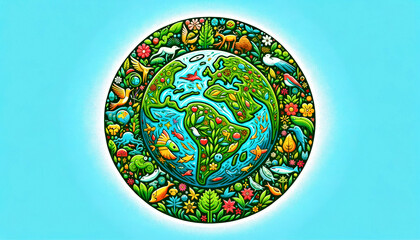 A stylized portrayal of the Earth encompassed by flora and fauna highlights the interconnectedness of ecosystems and the importance of conservation. International Day for Biological Diversity - 791051748