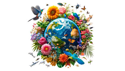 Global Biodiversity: Earth's Floral and Faunal Harmony. Flowery and diverse world map with a variety of animals and plants.International Day for Biological Diversity 22 may - 791051757