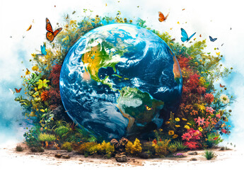Global Biodiversity: Earth's Floral and Faunal Harmony. Flowery and diverse world map with a variety of animals and plants.International Day for Biological Diversity 22 may - 791051765