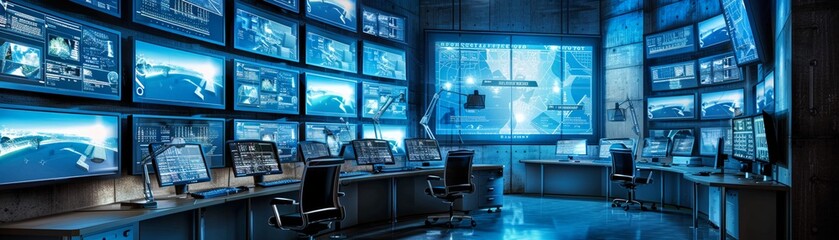 Advanced control room with an array of surveillance monitors, focused on security and constant vigilance - obrazy, fototapety, plakaty
