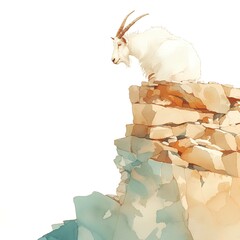 Watercolor illustration, A goat balancing on a rocky mountain ledge - obrazy, fototapety, plakaty