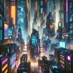 Digital Nexus: Cyberpunk City Core with Massive Cloud Data Centers