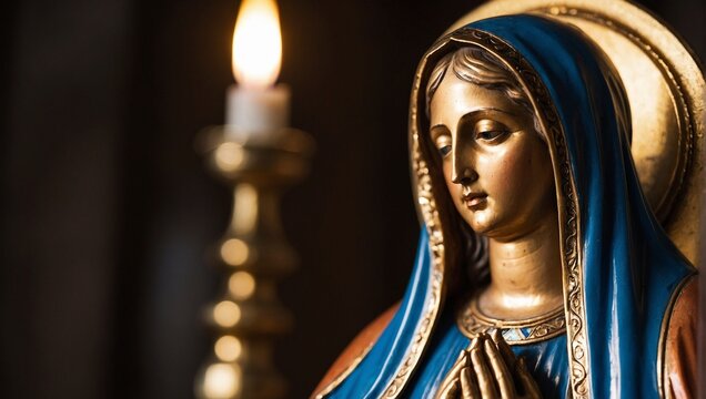Close-up of the face of the image of Our Lady Mary in a church background and a lit candle 
