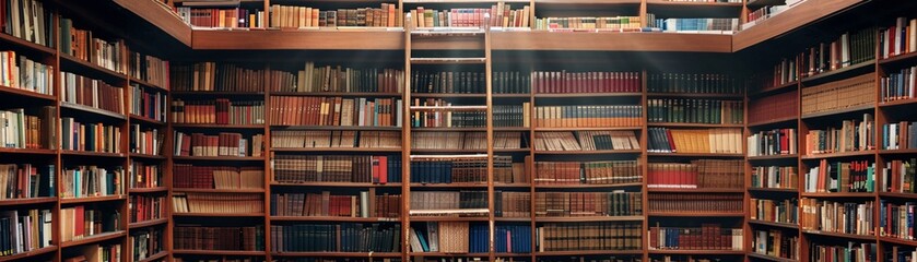 An expansive library scene, books strewn about, a tall ladder reaching towards the highest shelves rich with knowledge