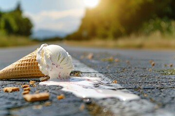 Fallen ice cream on the road. Ice cream melts on the asphalt. Heat stroke concept. Hot summer and accident. Background