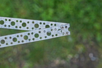 part of one old dirty gray aluminum plate with a row of round holes on a green background