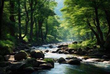 Summer forest landscape with fresh green trees and mountain river, natural background