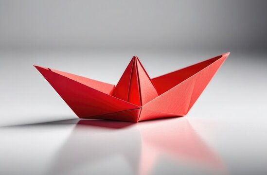 Red origami paper boat on white background. Concept of freedom, travel.