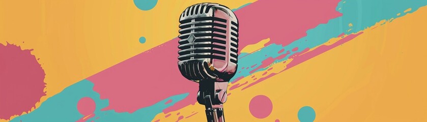 Colorful pop art styled broadcast featuring a classic retro microphone, merging nostalgia with modern music vibes
