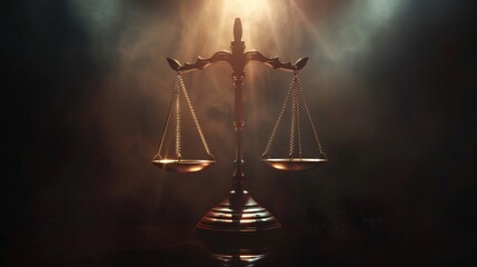 Dramatic depiction of scales of justice and a gavel under a spotlight, highlighting the gravity of legal decisions - obrazy, fototapety, plakaty