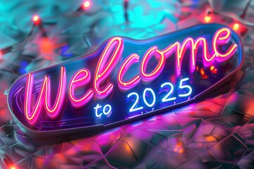 A neon sign that says Welcome to 2025 in pink letters
