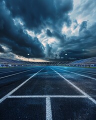 Empty stadium track with competition lanes, conveying the quiet before the storm of a major athletic contest - obrazy, fototapety, plakaty
