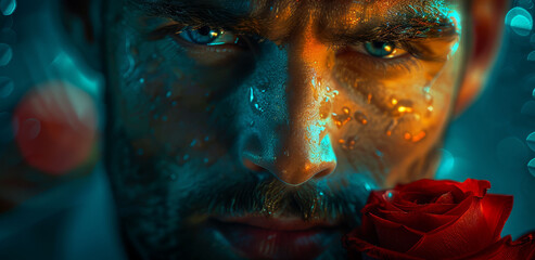   A tight shot of a man's face, wet from water droplets, and a rose centrally placed in front