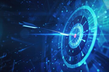 Close-up of a digital dart hitting bullseye, an allegory for precision, goal achievement, and strategic success - AI generated