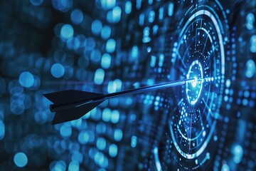 Close-up of a digital dart hitting bullseye, an allegory for precision, goal achievement, and strategic success - AI generated