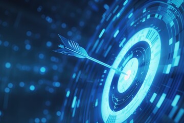 Close-up of a digital dart hitting bullseye, an allegory for precision, goal achievement, and strategic success - AI generated