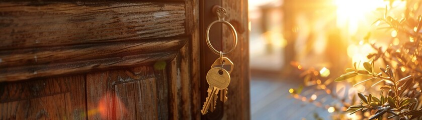 Golden keys dangling beside an open rustic door, warm sunshine flooding a stylish home interior, cozy and inviting - obrazy, fototapety, plakaty