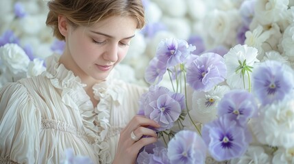 Obraz premium A woman in a white dress holds a bouquet of purple and white flowers before a white and purple flower wall