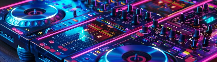 Fototapeta premium Highangle view of a DJ party lit by vibrant neon, with the DJ orchestrating the nights soundtrack