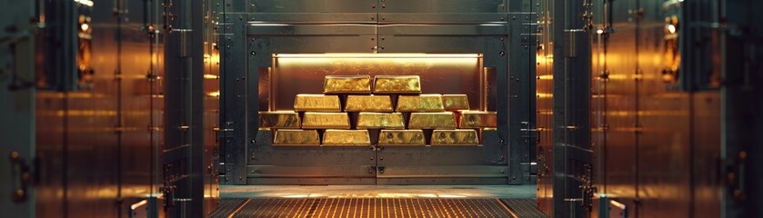 Impenetrable vault doors open to reveal stacks of gold bars, symbolizing secured wealth and highlevel security - obrazy, fototapety, plakaty