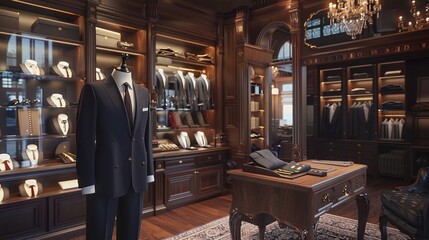 Inside a tailor shop with a suit on display, the epitome of elegance and the latest in fashion craftsmanship