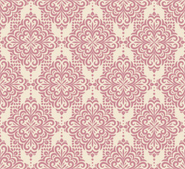 Fototapeta premium Damask background with rich, old style, luxury ornamentation, pink fashioned seamless pattern, royal vector wallpaper, mandala fabric swatch.