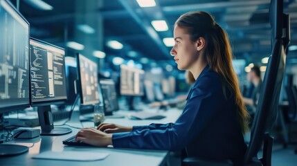 Obraz premium Focused Female Programmer Working on Multiple Computer Screens