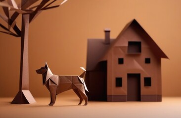 One dog on the background of a country house made of cardboard.