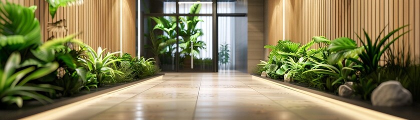 Sleek rollup banners and lush greenery in an office lobby, a perfect mix of advertisement and natural decor