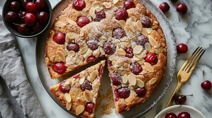   A pie, sliced, on a plate Nearby, a bowl filled with cherries and a fork