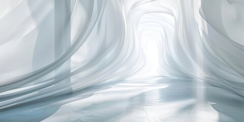 Fototapeta premium Ethereal white curving fabric-like structure in an expansive light-filled abstract interior space