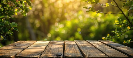 Wooden planks set against a background of spring foliage
