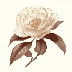 Vintage Botanical camellia Drawing, Cream Palette, Antique Horticultural Illustration