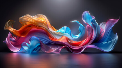 Abstract colorful silk ribbons floating on dark background