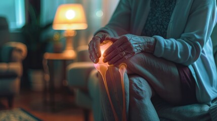 Senior woman at home grappling with knee pain, a vivid depiction of arthritis struggle in a warm domestic setting - AI generated - obrazy, fototapety, plakaty
