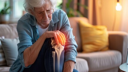 Senior woman at home grappling with knee pain, a vivid depiction of arthritis struggle in a warm domestic setting - AI generated