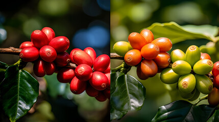 Branches of ripe and unripe arabica coffee berries with a vegetation background. - obrazy, fototapety, plakaty