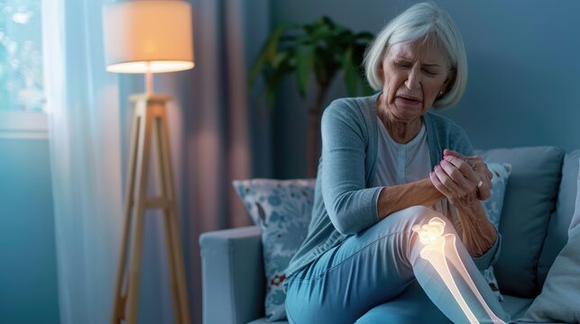 Senior woman at home grappling with knee pain, a vivid depiction of arthritis struggle in a warm domestic setting - AI generated
