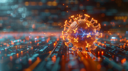 Glowing virus particles on a high-tech cybernetic background - obrazy, fototapety, plakaty