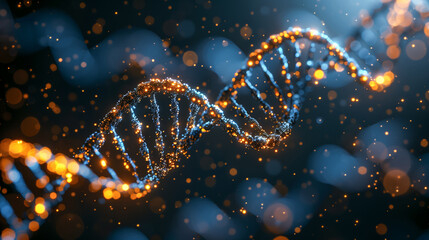 Golden glowing DNA helix with sparkles on dark blue background