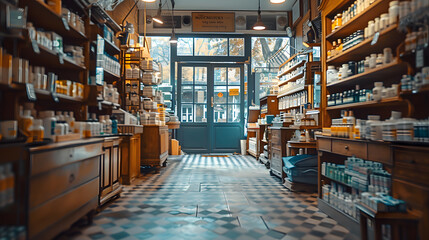 blur pharmacy drugstore shelves background