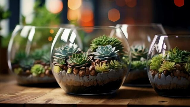 A group of small potted plants sit in glass vases on a wooden table