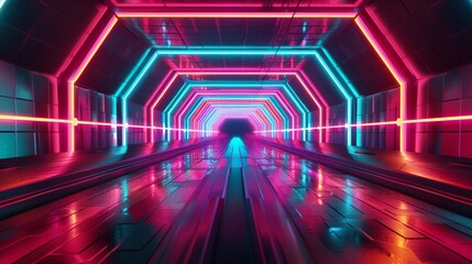 Vibrant neon lights outline a futuristic bridge, creating a stunning visual at night in the urban environment - obrazy, fototapety, plakaty