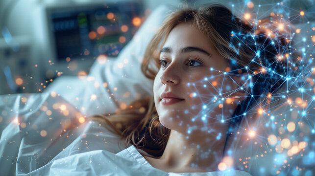 Young woman with futuristic neural network overlay