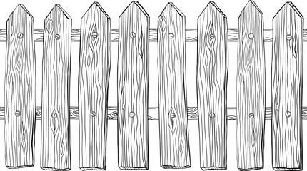 Rustic wooden fence. Horizontal seamless pattern. Coloring book page for adult and children. Hand-drawn, Black and white wooden border. Doodle, vector design element.	