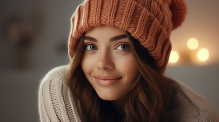 Warm Winter Portrait: Young Woman in Knitted Beanie and Sweater