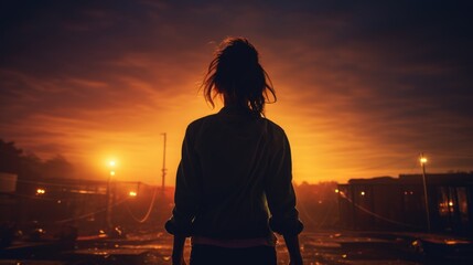 Contemplative Woman against Vivid Sunset Sky in Urban Setting